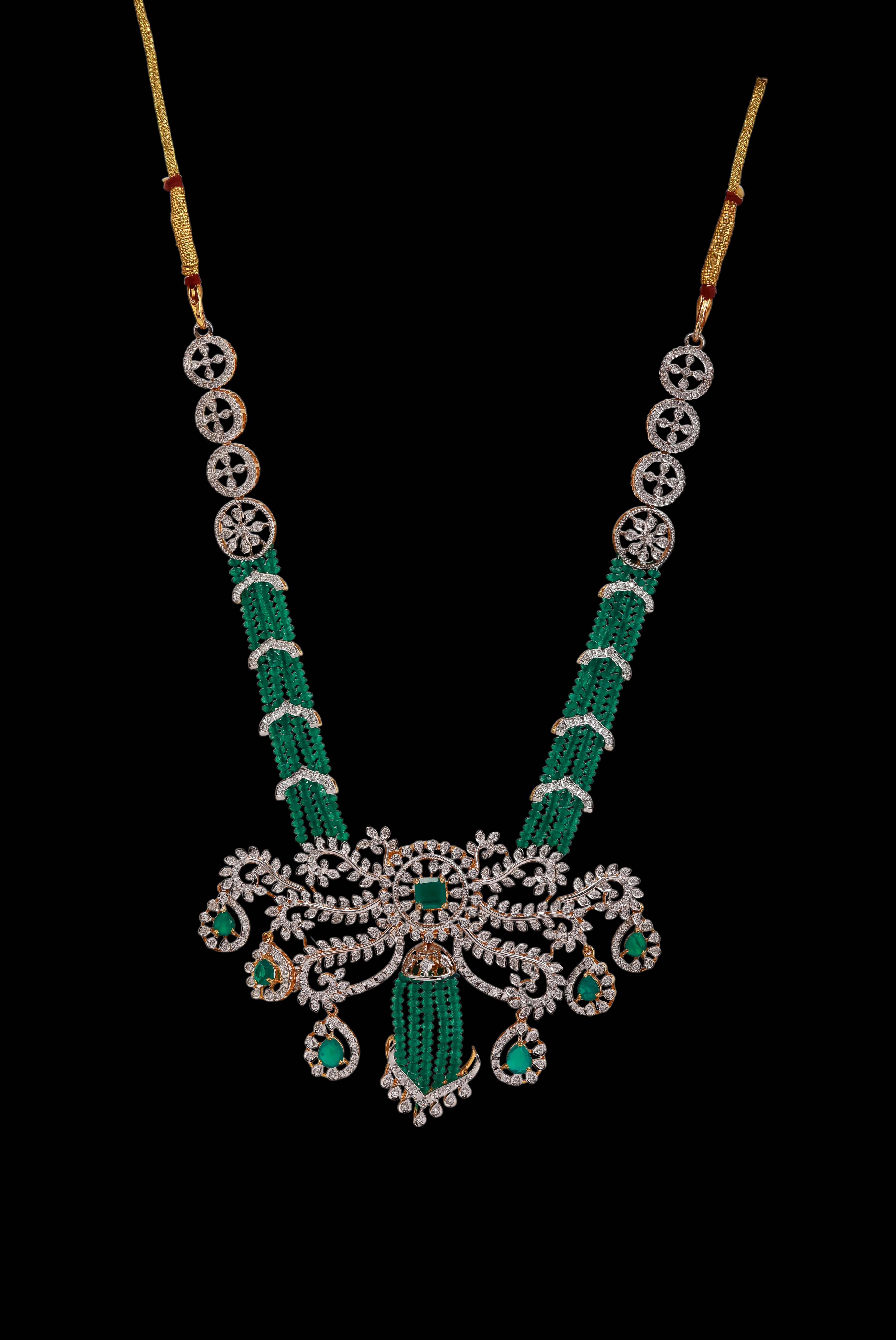 Diamond and emerald beaded long necklace