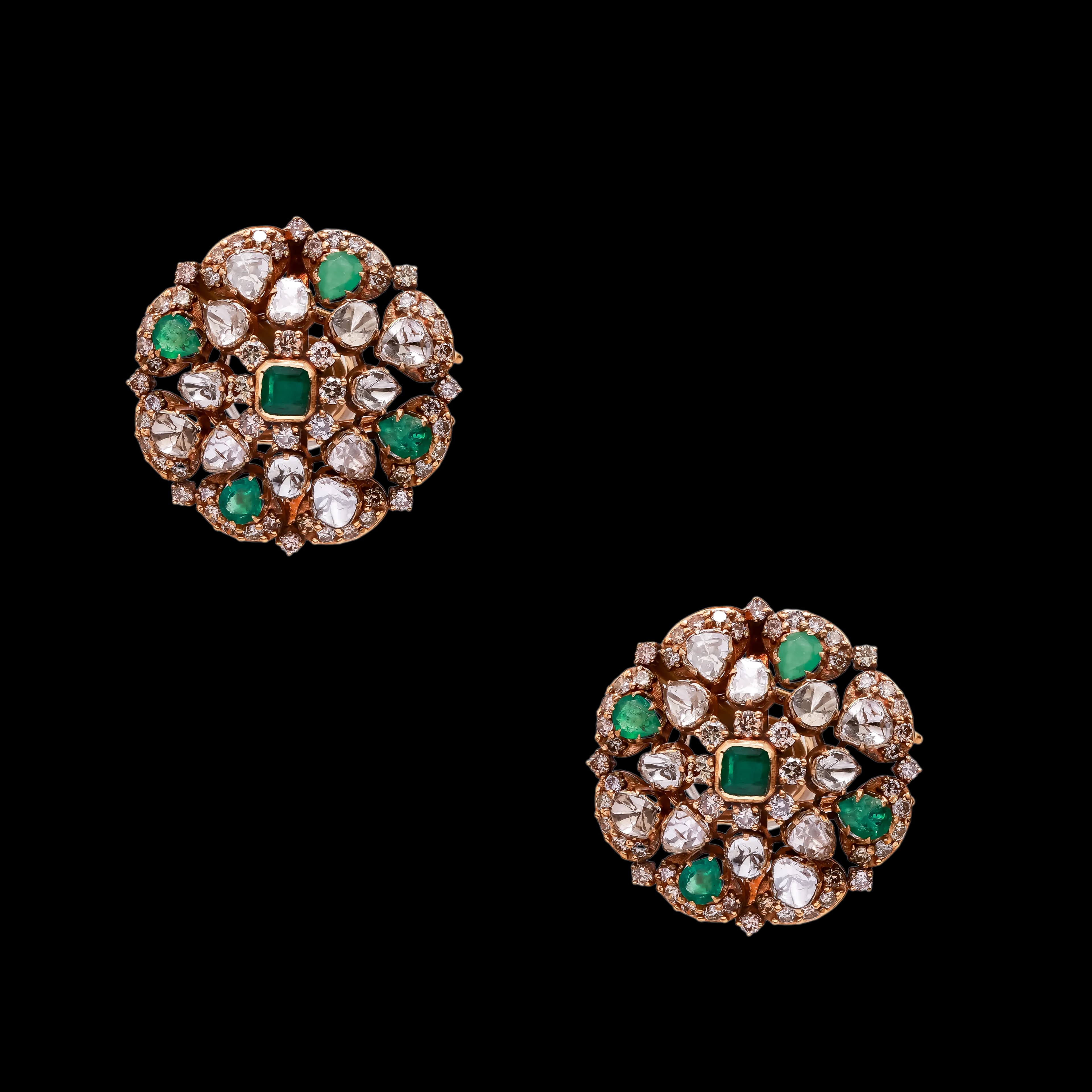 Large round polki and emerald stud earrings
